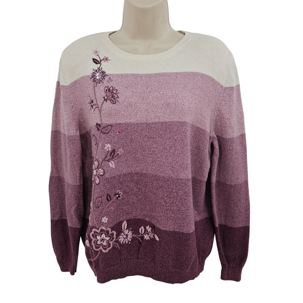 Grandmacore Jumper Sweater Women S Purple Ombre Floral‎ Embroidered Preppy Fairy